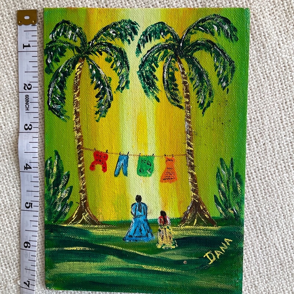 Small acrylic painting "Wash Day" 5" by 7" on canvas board Tahiti Seventies 70's